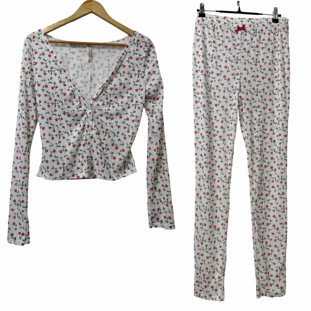 For Love & Lemons Pointelle Floral Long Sleeve Top & Pants Pajama Set Size M